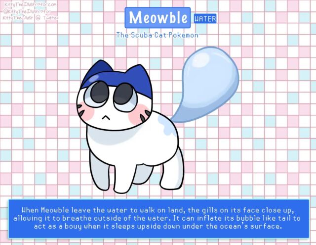 Everyone please welcome my third and final Fakemon starter, Meowble!!

Evolutions will be introduced in the next couple days, so please stay tuned!

Meowble's inspirations are the water loving Turkish Van cat, swimming caps, and of course bubbles. I can't wait for you to see what it becomes!

#fakemondesigns #fakemon #fakemonreveal #pokemonart #pokemonscarletandviolet #pokemon